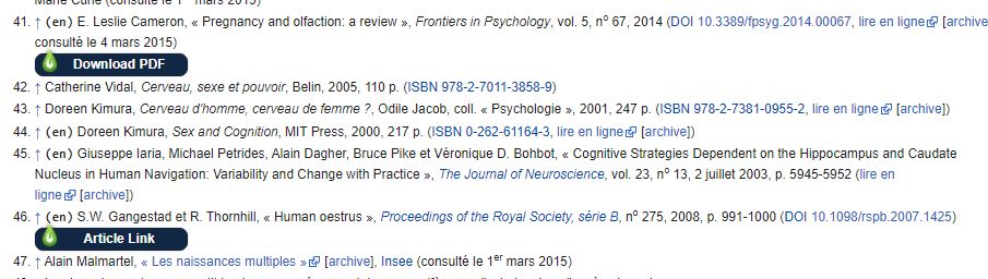 Capture ecran de références d'une page wikipedia renvoyant vers des ressources en ligne des BU de poitiers, grâce à l'extension Libkey Nomad